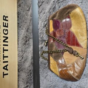 Fossil Brown Leather Patchwork Flower Wristlet Wallet Kiss Lock Clutch Vintage